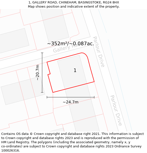 1, GALLERY ROAD, CHINEHAM, BASINGSTOKE, RG24 8HX: Plot and title map