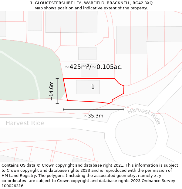 1, GLOUCESTERSHIRE LEA, WARFIELD, BRACKNELL, RG42 3XQ: Plot and title map