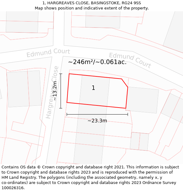 1, HARGREAVES CLOSE, BASINGSTOKE, RG24 9SS: Plot and title map