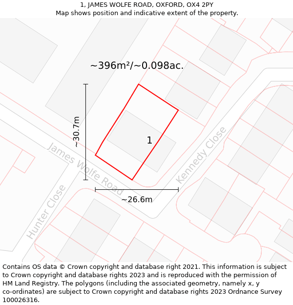 1, JAMES WOLFE ROAD, OXFORD, OX4 2PY: Plot and title map