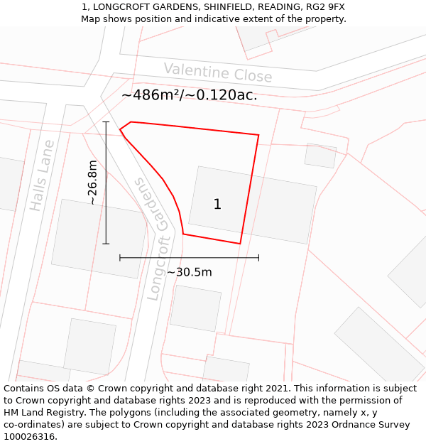 1, LONGCROFT GARDENS, SHINFIELD, READING, RG2 9FX: Plot and title map