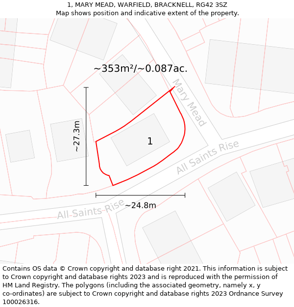 1, MARY MEAD, WARFIELD, BRACKNELL, RG42 3SZ: Plot and title map