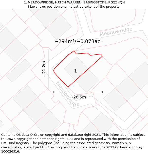 1, MEADOWRIDGE, HATCH WARREN, BASINGSTOKE, RG22 4QH: Plot and title map