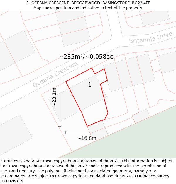 1, OCEANA CRESCENT, BEGGARWOOD, BASINGSTOKE, RG22 4FF: Plot and title map