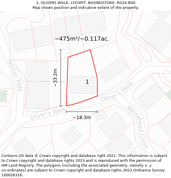 1, OLIVERS WALK, LYCHPIT, BASINGSTOKE, RG24 8SD: Plot and title map