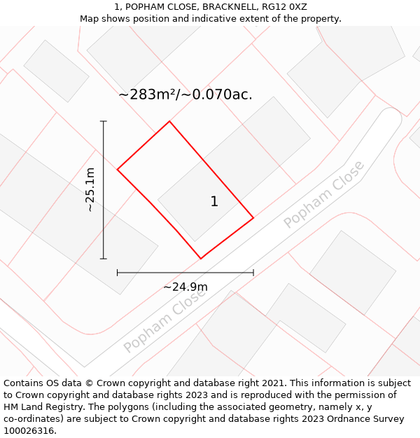 1, POPHAM CLOSE, BRACKNELL, RG12 0XZ: Plot and title map