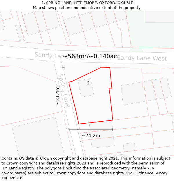 1, SPRING LANE, LITTLEMORE, OXFORD, OX4 6LF: Plot and title map