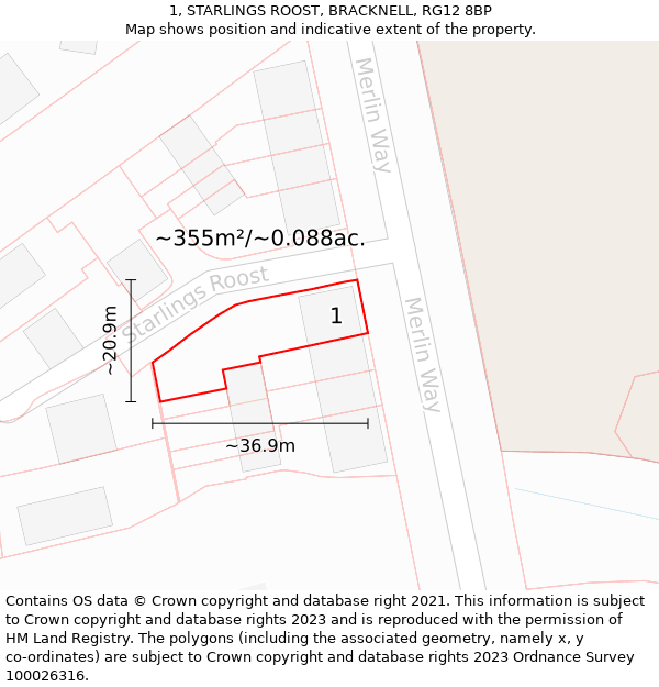 1, STARLINGS ROOST, BRACKNELL, RG12 8BP: Plot and title map