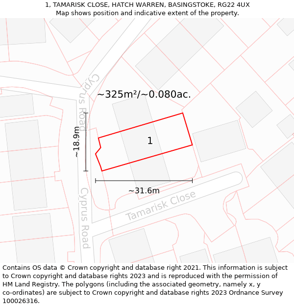 1, TAMARISK CLOSE, HATCH WARREN, BASINGSTOKE, RG22 4UX: Plot and title map