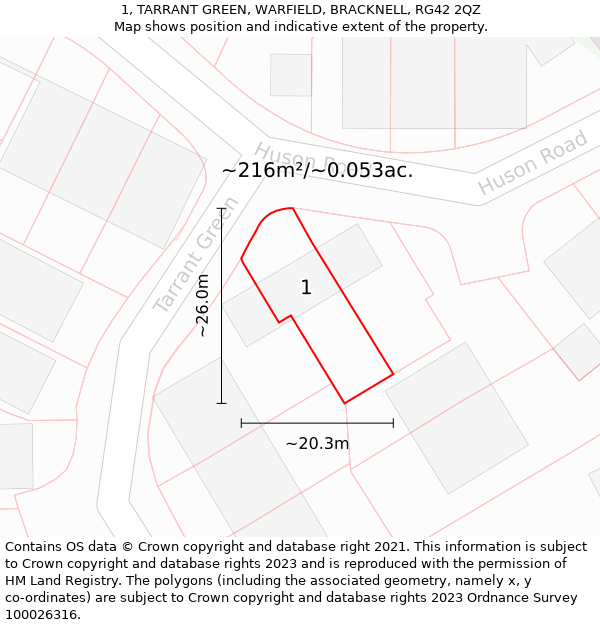 1, TARRANT GREEN, WARFIELD, BRACKNELL, RG42 2QZ: Plot and title map