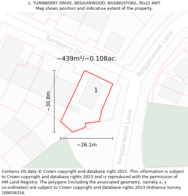 1, TURNBERRY DRIVE, BEGGARWOOD, BASINGSTOKE, RG22 4WT: Plot and title map