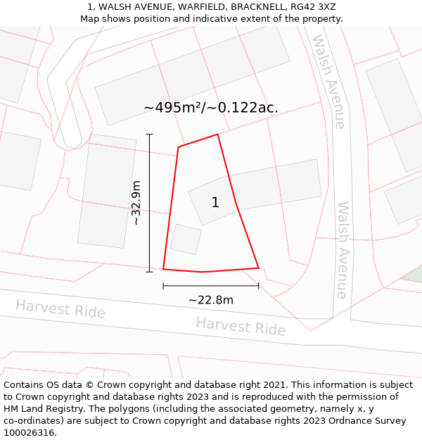 1, WALSH AVENUE, WARFIELD, BRACKNELL, RG42 3XZ: Plot and title map