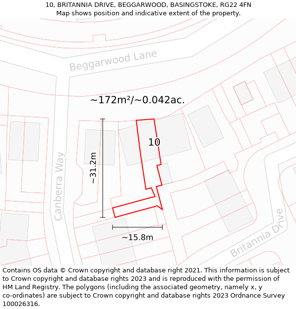 10, BRITANNIA DRIVE, BEGGARWOOD, BASINGSTOKE, RG22 4FN: Plot and title map