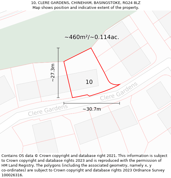 10, CLERE GARDENS, CHINEHAM, BASINGSTOKE, RG24 8LZ: Plot and title map