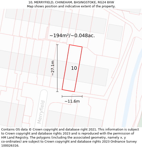 10, MERRYFIELD, CHINEHAM, BASINGSTOKE, RG24 8XW: Plot and title map