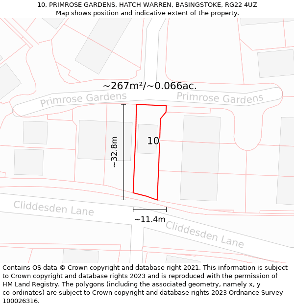 10, PRIMROSE GARDENS, HATCH WARREN, BASINGSTOKE, RG22 4UZ: Plot and title map