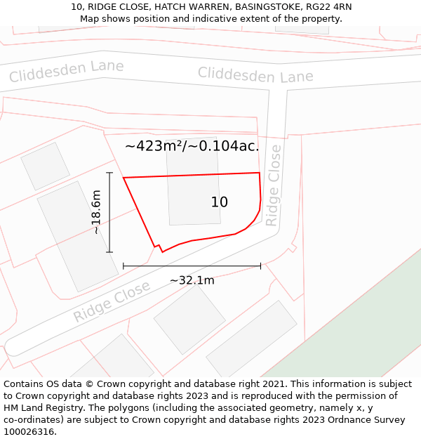 10, RIDGE CLOSE, HATCH WARREN, BASINGSTOKE, RG22 4RN: Plot and title map