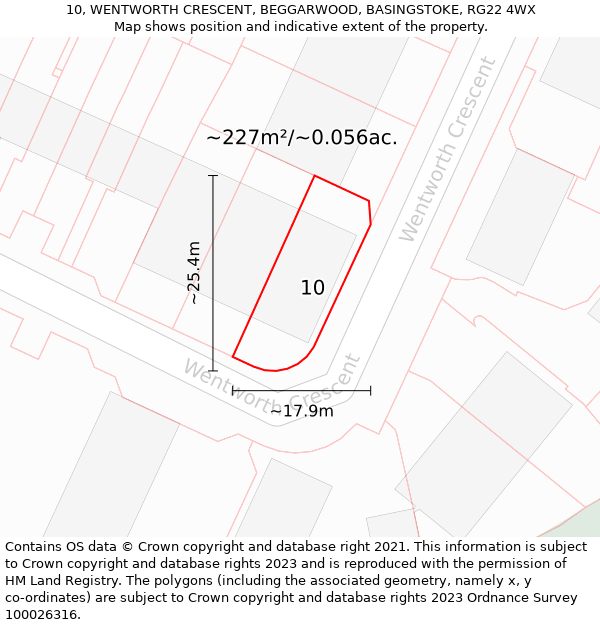 10, WENTWORTH CRESCENT, BEGGARWOOD, BASINGSTOKE, RG22 4WX: Plot and title map