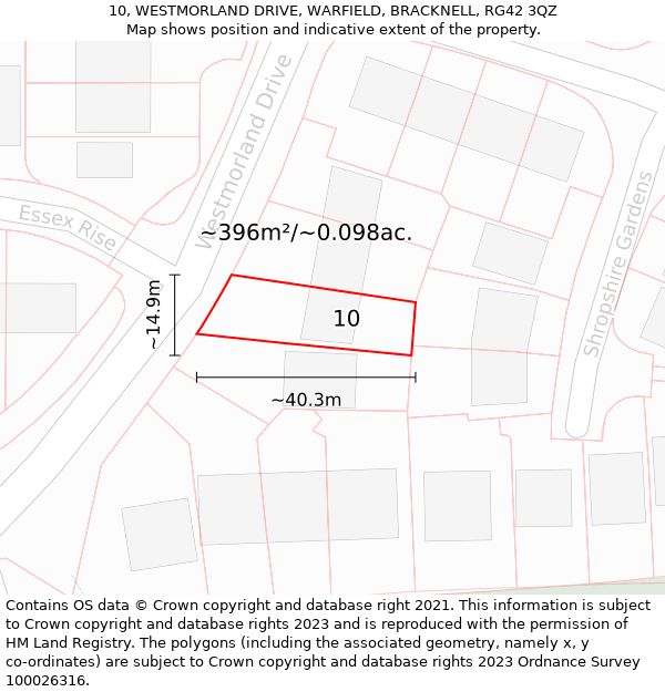 10, WESTMORLAND DRIVE, WARFIELD, BRACKNELL, RG42 3QZ: Plot and title map