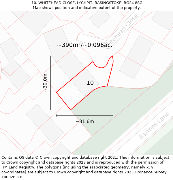 10, WHITEHEAD CLOSE, LYCHPIT, BASINGSTOKE, RG24 8SG: Plot and title map