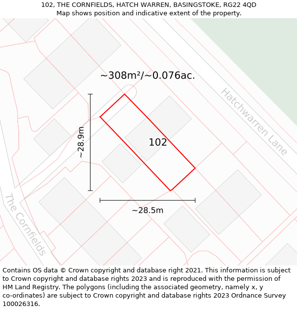 102, THE CORNFIELDS, HATCH WARREN, BASINGSTOKE, RG22 4QD: Plot and title map