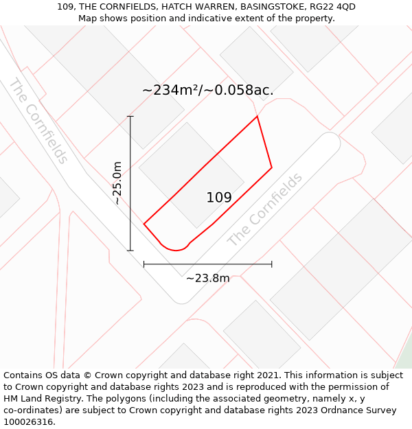 109, THE CORNFIELDS, HATCH WARREN, BASINGSTOKE, RG22 4QD: Plot and title map