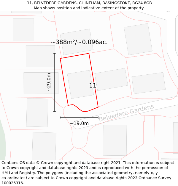 11, BELVEDERE GARDENS, CHINEHAM, BASINGSTOKE, RG24 8GB: Plot and title map