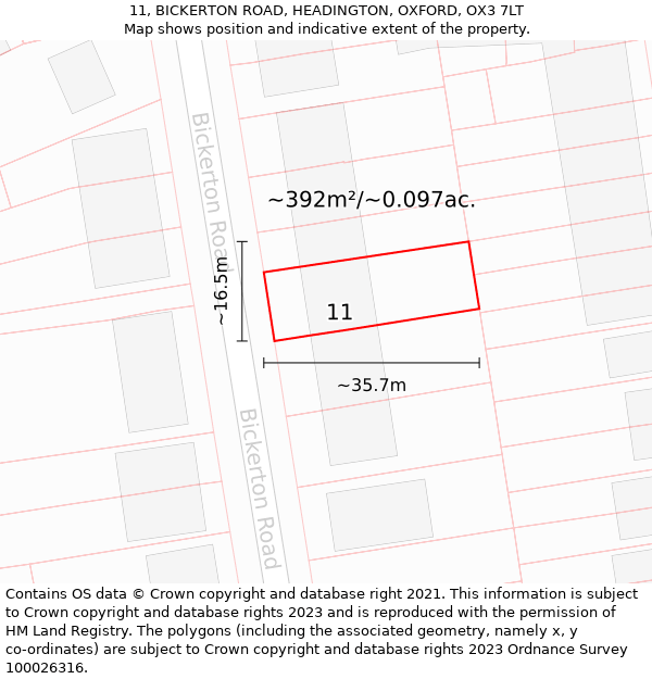 11, BICKERTON ROAD, HEADINGTON, OXFORD, OX3 7LT: Plot and title map