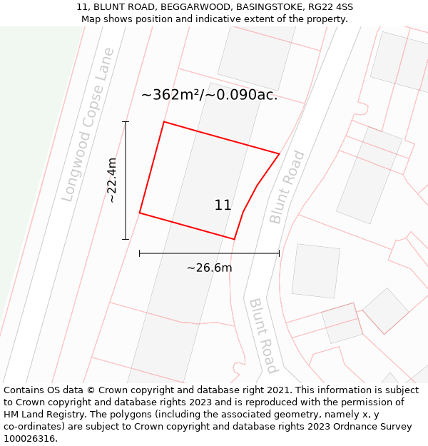 11, BLUNT ROAD, BEGGARWOOD, BASINGSTOKE, RG22 4SS: Plot and title map