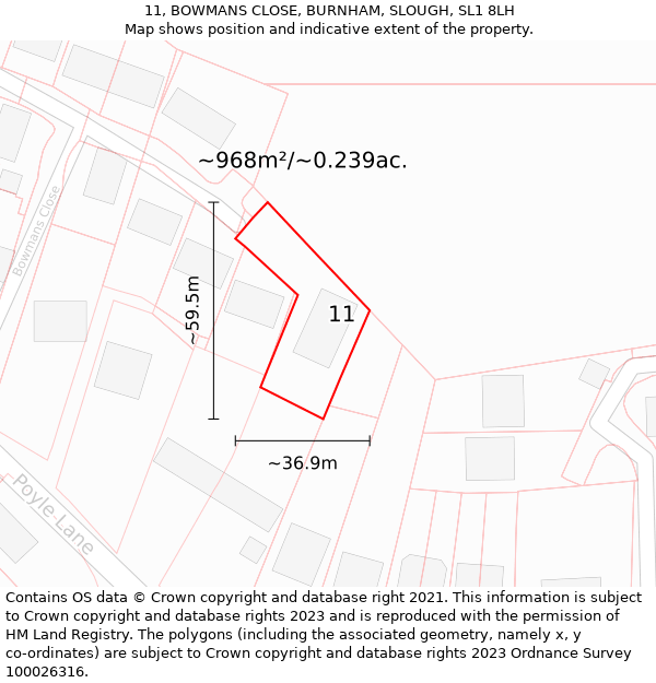 11, BOWMANS CLOSE, BURNHAM, SLOUGH, SL1 8LH: Plot and title map