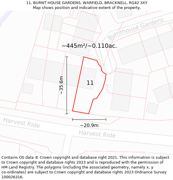 11, BURNT HOUSE GARDENS, WARFIELD, BRACKNELL, RG42 3XY: Plot and title map