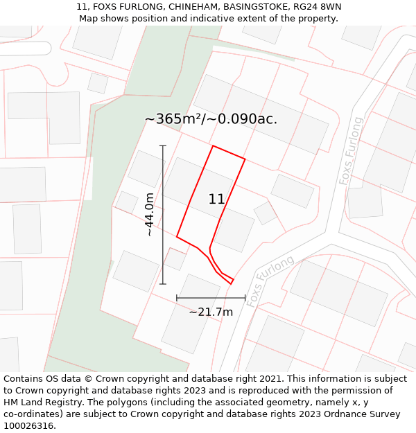 11, FOXS FURLONG, CHINEHAM, BASINGSTOKE, RG24 8WN: Plot and title map