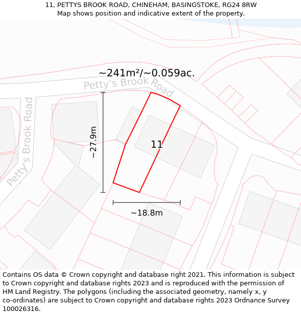 11, PETTYS BROOK ROAD, CHINEHAM, BASINGSTOKE, RG24 8RW: Plot and title map