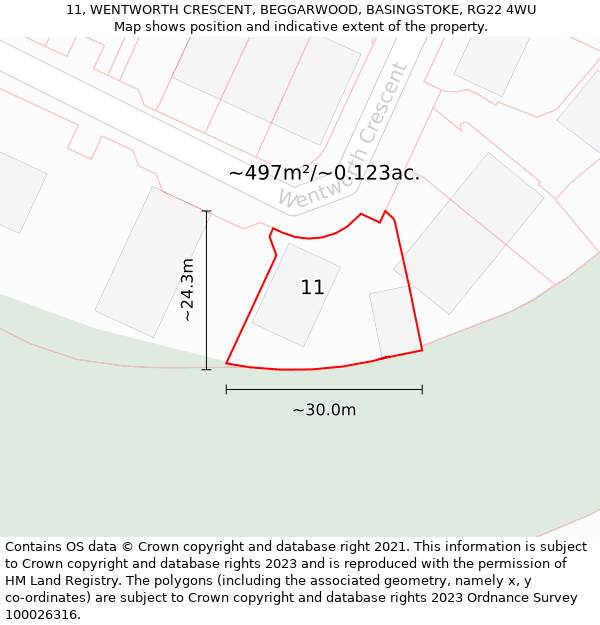 11, WENTWORTH CRESCENT, BEGGARWOOD, BASINGSTOKE, RG22 4WU: Plot and title map