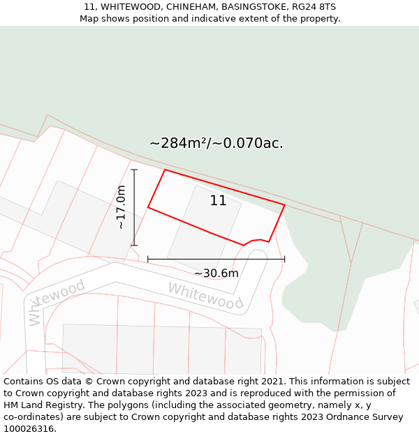 11, WHITEWOOD, CHINEHAM, BASINGSTOKE, RG24 8TS: Plot and title map