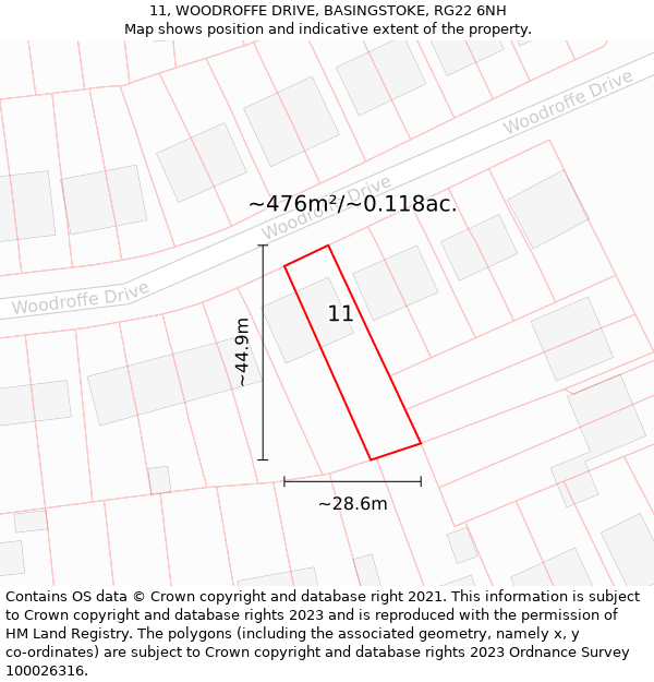 11, WOODROFFE DRIVE, BASINGSTOKE, RG22 6NH: Plot and title map