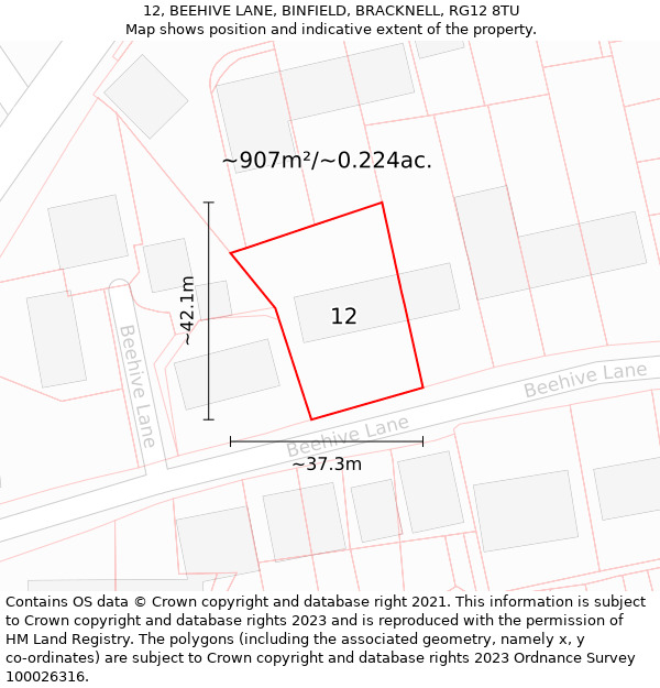 12, BEEHIVE LANE, BINFIELD, BRACKNELL, RG12 8TU: Plot and title map