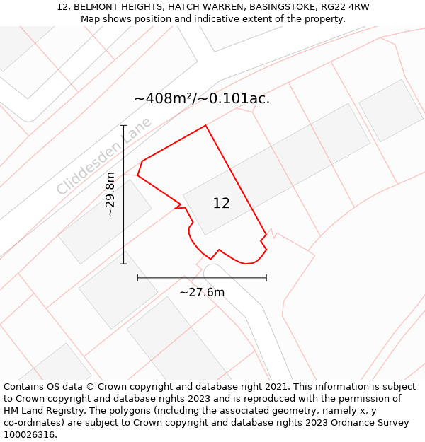 12, BELMONT HEIGHTS, HATCH WARREN, BASINGSTOKE, RG22 4RW: Plot and title map