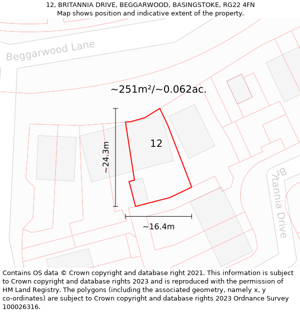 12, BRITANNIA DRIVE, BEGGARWOOD, BASINGSTOKE, RG22 4FN: Plot and title map