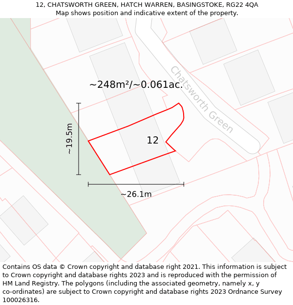 12, CHATSWORTH GREEN, HATCH WARREN, BASINGSTOKE, RG22 4QA: Plot and title map