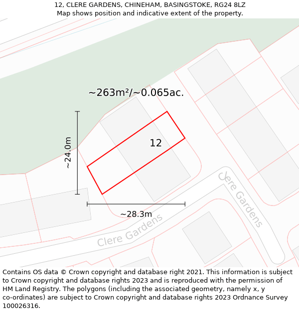 12, CLERE GARDENS, CHINEHAM, BASINGSTOKE, RG24 8LZ: Plot and title map