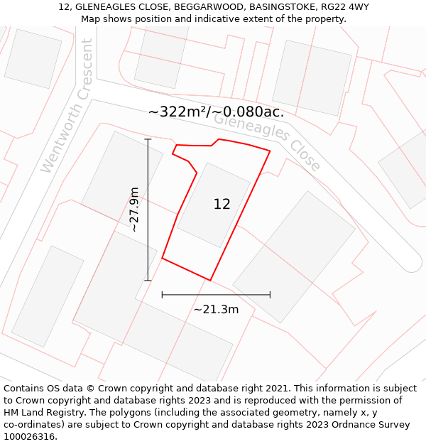 12, GLENEAGLES CLOSE, BEGGARWOOD, BASINGSTOKE, RG22 4WY: Plot and title map