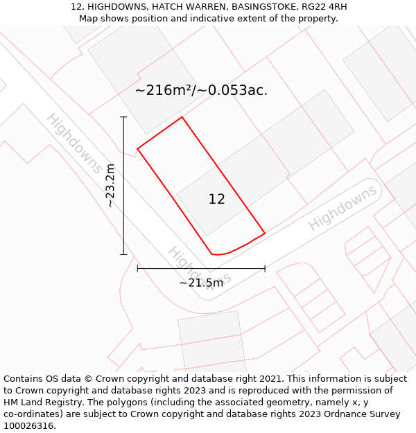 12, HIGHDOWNS, HATCH WARREN, BASINGSTOKE, RG22 4RH: Plot and title map