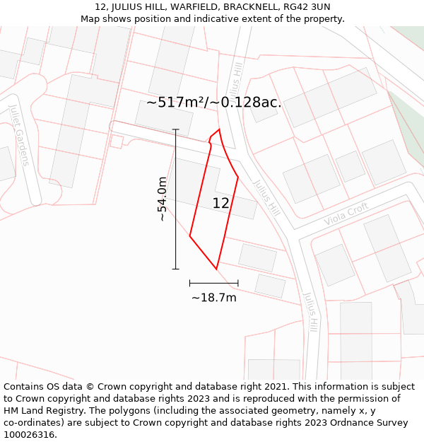 12, JULIUS HILL, WARFIELD, BRACKNELL, RG42 3UN: Plot and title map