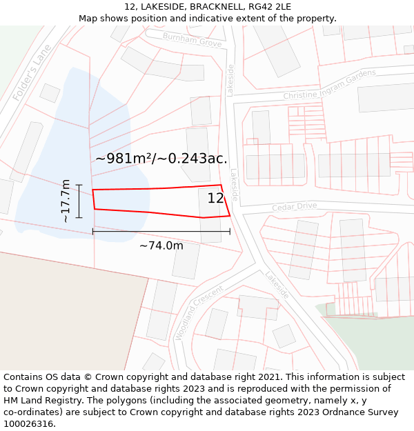 12, LAKESIDE, BRACKNELL, RG42 2LE: Plot and title map