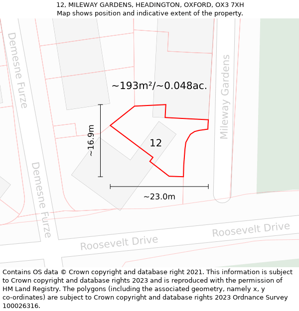 12, MILEWAY GARDENS, HEADINGTON, OXFORD, OX3 7XH: Plot and title map