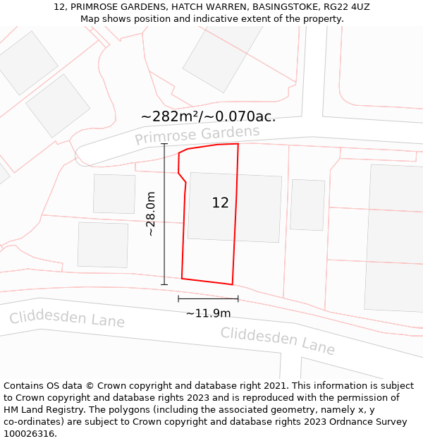 12, PRIMROSE GARDENS, HATCH WARREN, BASINGSTOKE, RG22 4UZ: Plot and title map