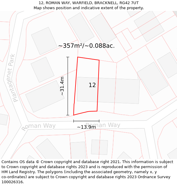 12, ROMAN WAY, WARFIELD, BRACKNELL, RG42 7UT: Plot and title map