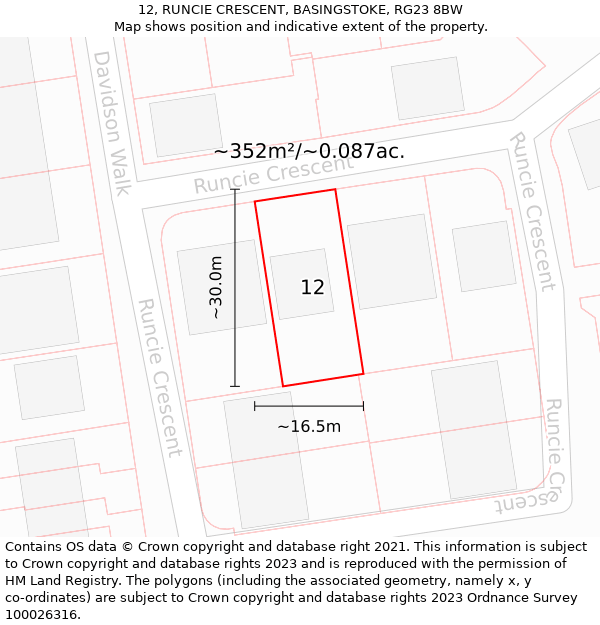 12, RUNCIE CRESCENT, BASINGSTOKE, RG23 8BW: Plot and title map