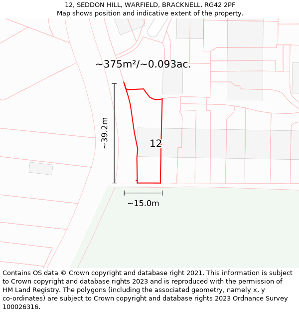 12, SEDDON HILL, WARFIELD, BRACKNELL, RG42 2PF: Plot and title map